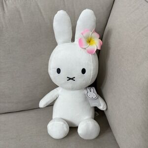 MIFFY White 14" Stuffed Plush w/ Hawaiian‎ Floral Pink Plumeria Flower Hair Clip